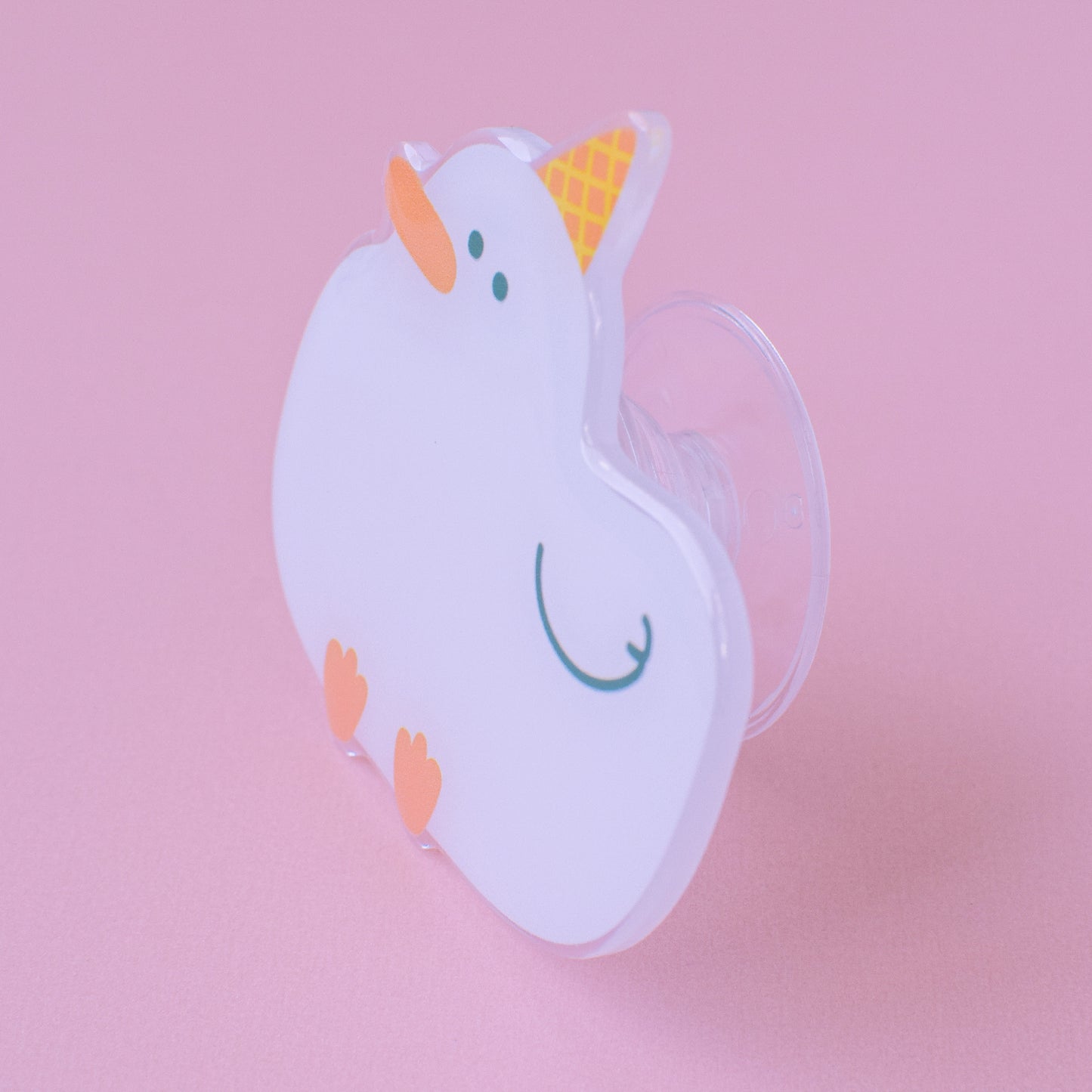 Lindo soporte para teléfono móvil de acrílico con forma de pato gordo y cono