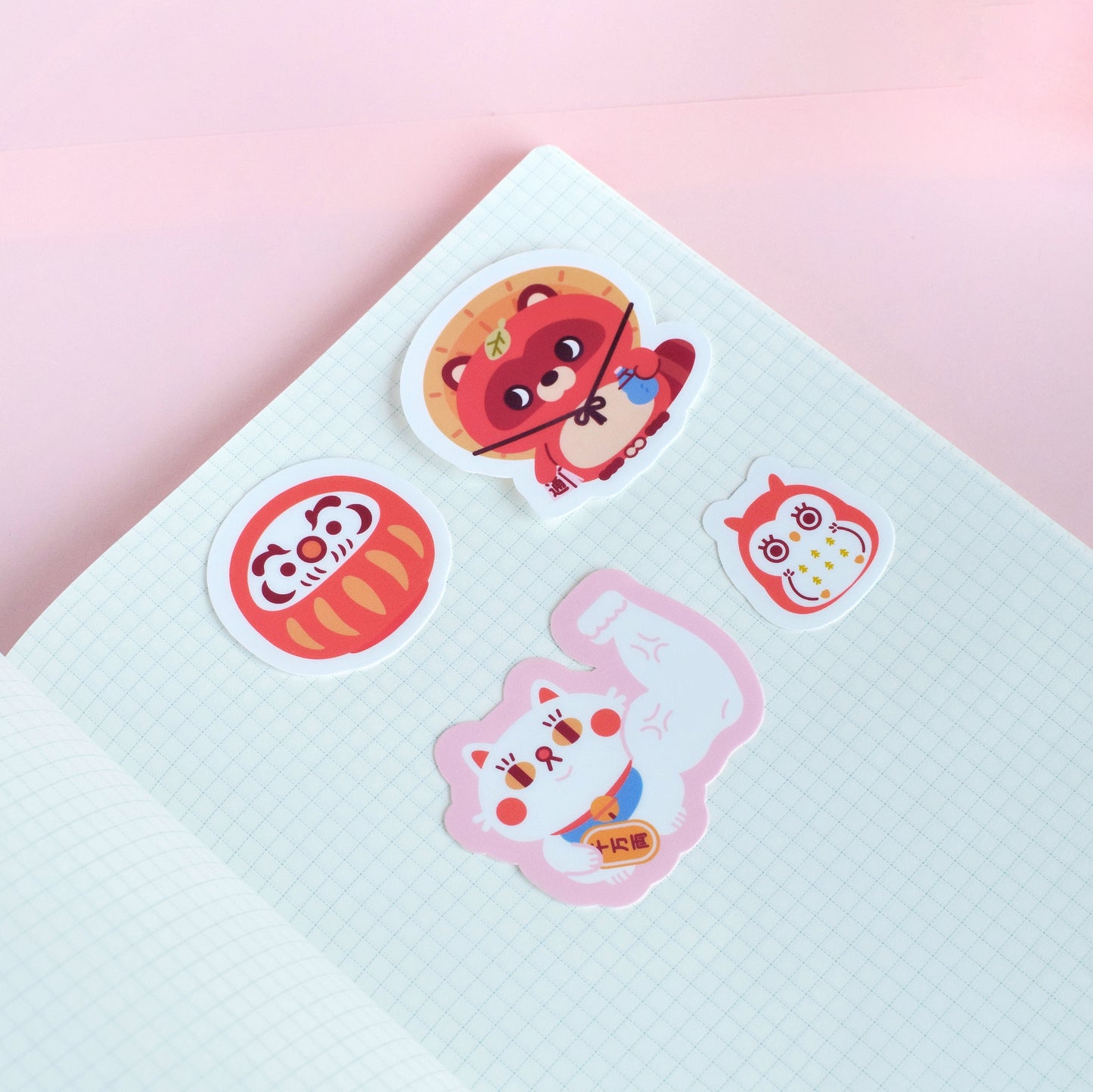 Paquete de pegatinas laminadas de vinilo mate con amuletos de la suerte japoneses de Engimono