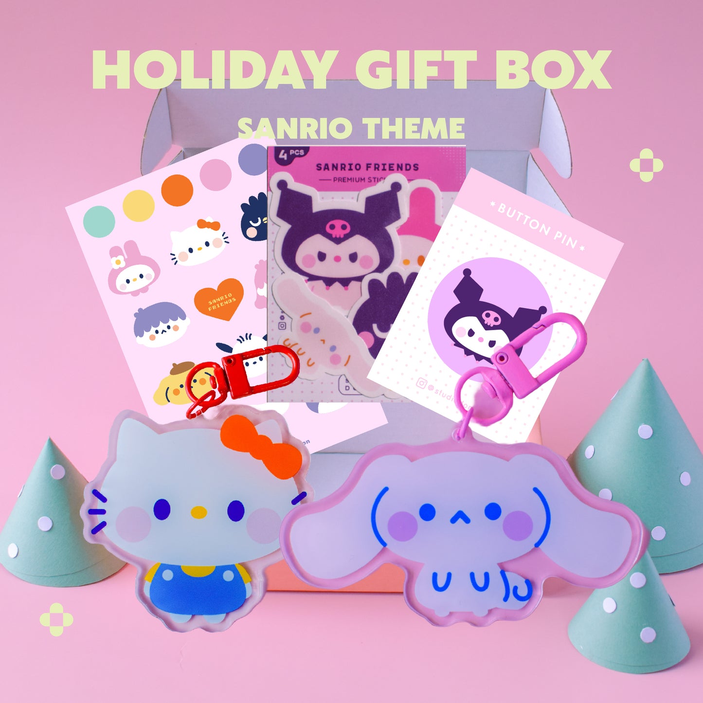 CAJA DE REGALO FESTIVA Temática Sanrio (2 llaveros)